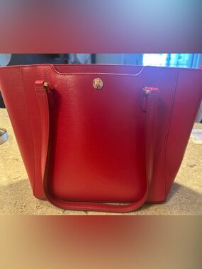 Lauren Ralph Lauren Red Leather Tote with Gold Accent